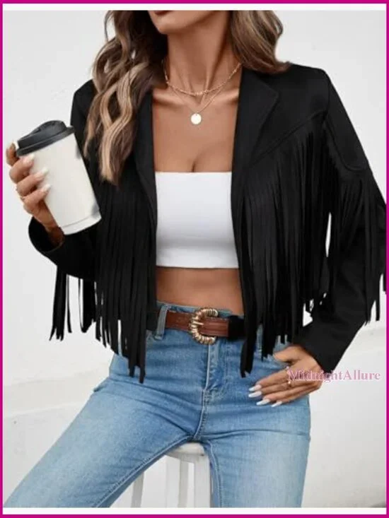 Faux Suede Cropped Jacket with Fringe Tassels, Western Style, Lined - Picture 4 of 7